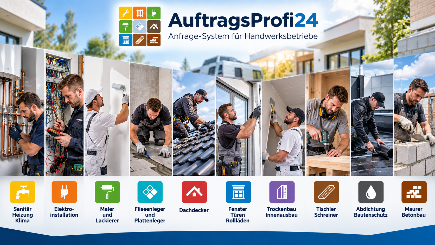AuftragsProfi24 für zehn Handwerksgewerke: Sanitär Heizung Klima, Elektroinstallation, Maler und Lackierer, Fliesenleger und Plattenleger, Dachdecker, Fenster Türen Rollläden, Trockenbau Innenausbau, Tischler Schreiner, Abdichtung Bautenschutz sowie Maurer Betonbau